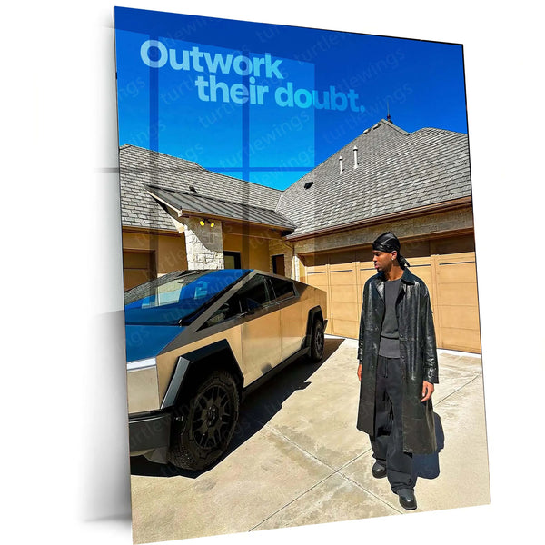 Outwork Their Doubt – Stylish Man with Tesla Cybertruck Metal Frame | Entrepreneur Mindset Wall Art - TURTLEWINGS