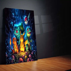 Anime Metal Poster | Pokémon Starter Poster – Pikachu, Bulbasaur, Charmander & Squirtle Glow Metal Poster | Anime Wall Frame