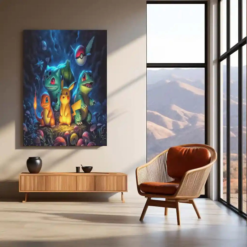 Anime Metal Poster | Pokémon Starter Poster – Pikachu, Bulbasaur, Charmander & Squirtle Glow Metal Poster | Anime Wall Frame