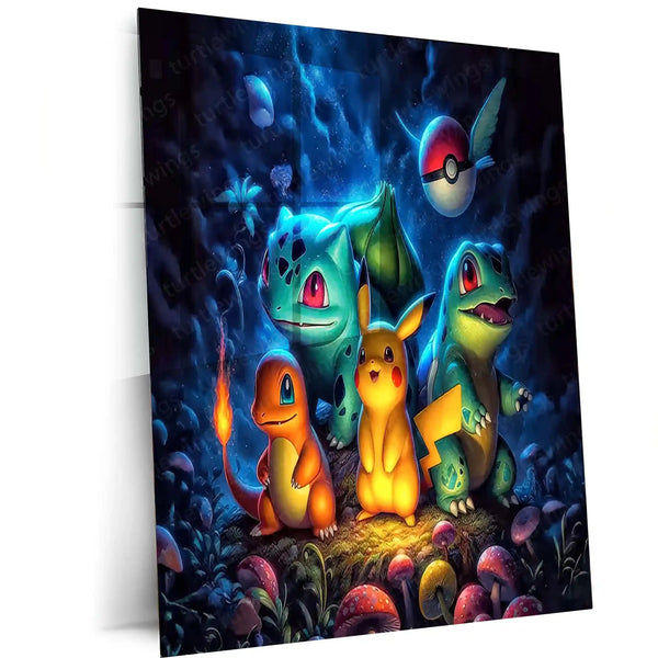 Anime Metal Poster | Pokémon Starter Poster – Pikachu, Bulbasaur, Charmander & Squirtle Glow Metal Poster | Anime Wall Frame