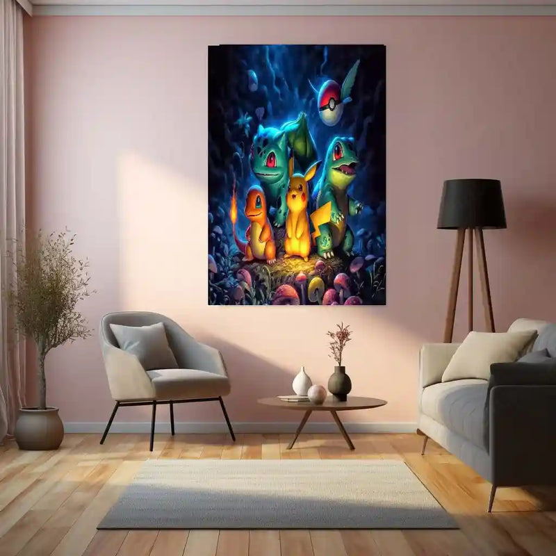 Anime Metal Poster | Pokémon Starter Poster – Pikachu, Bulbasaur, Charmander & Squirtle Glow Metal Poster | Anime Wall Frame