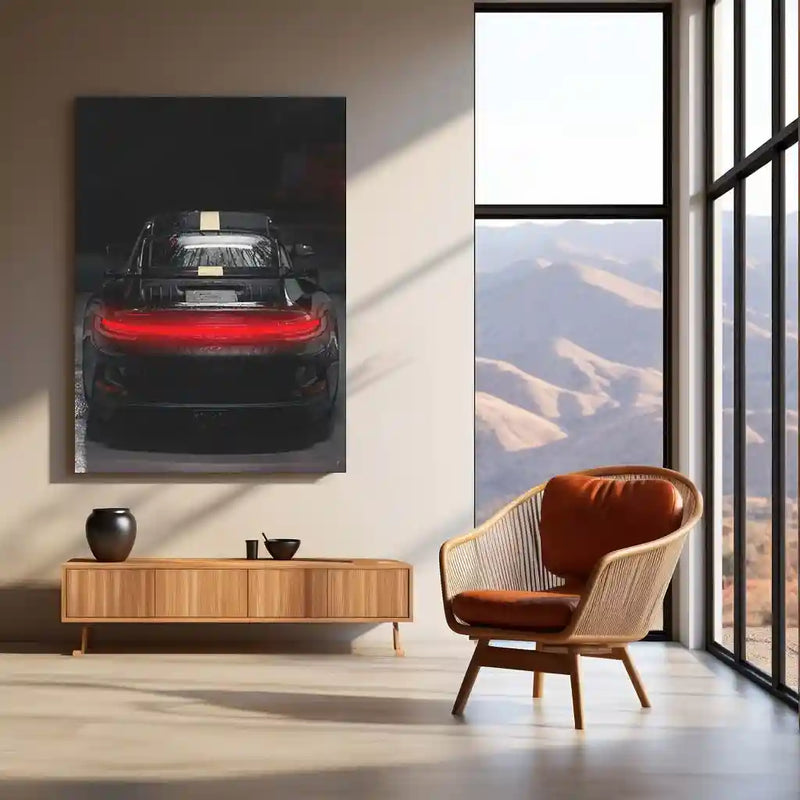 Porsche 911 GT3 Rear View – Black with Gold Stripe Neon LED Metal Poster | Supercar Wall Frame
