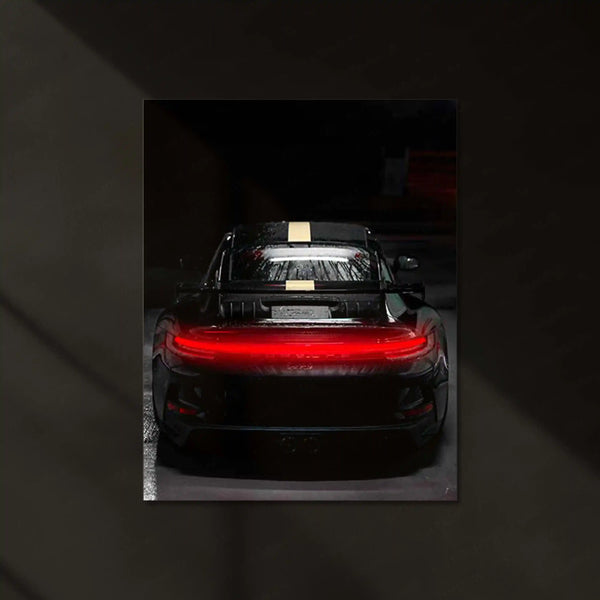 Porsche 911 GT3 Rear View – Black with Gold Stripe Neon LED Metal Poster | Supercar Wall Frame