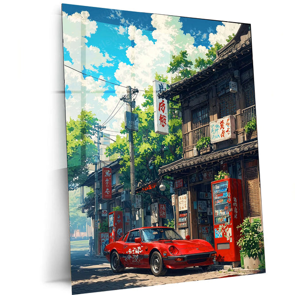 Red Classic Car in Japanese Alleyway – Anime Aesthetic Metal Poster | Vaporwave x Retro JDM Wall Art
