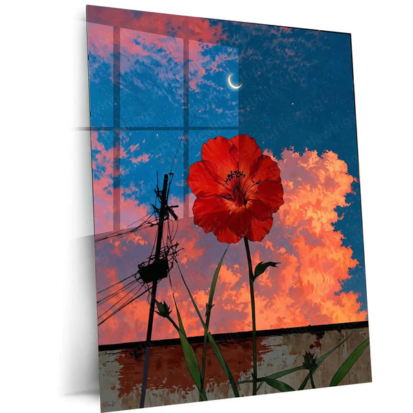 Red Moonlit Flower – Night Sky Nature Art Metal Poster | Floral Celestial Wall Frame