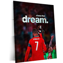 Cristiano Ronaldo Holding Trophy – “Chase That Dream” Metal Poster | Football Glory x Mindset Wall Art