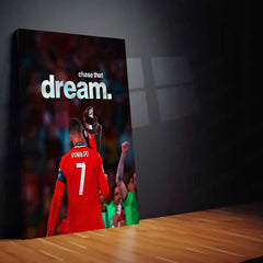 Cristiano Ronaldo Holding Trophy – “Chase That Dream” Metal Poster | Football Glory x Mindset Wall Art