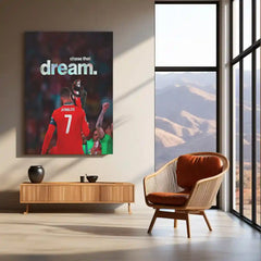 Cristiano Ronaldo Holding Trophy – “Chase That Dream” Metal Poster | Football Glory x Mindset Wall Art