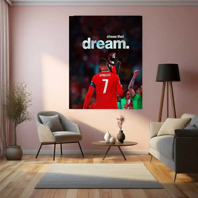 Cristiano Ronaldo Holding Trophy – “Chase That Dream” Metal Poster | Football Glory x Mindset Wall Art