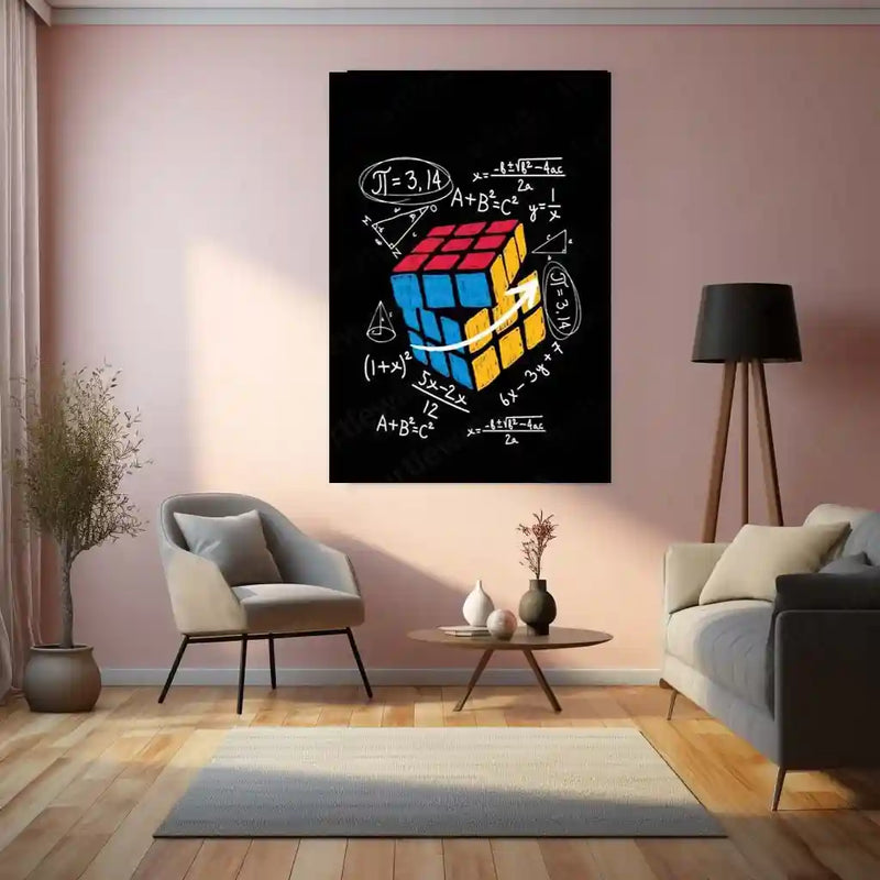 Rubik’s Cube with Math Equations – Colorful Educational Puzzle Metal Frame | Brainy Wall Art for STEM & Study Rooms