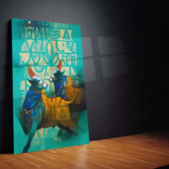 Sacred Bulls Folk Art – Indian Traditional Abstract Painting Metal Frame | Teal & Gold Ethnic Wall Decor | Vibrant Tribal Poster