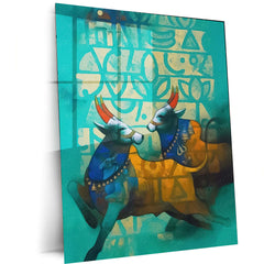 Sacred Bulls Folk Art – Indian Traditional Abstract Painting Metal Frame | Teal & Gold Ethnic Wall Decor | Vibrant Tribal Poster