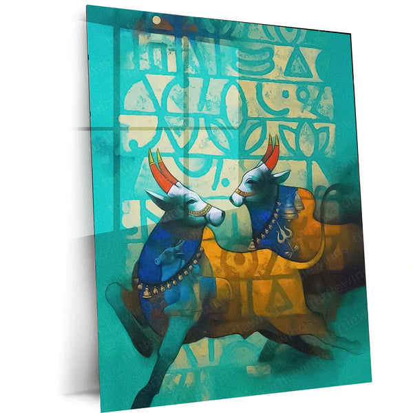 Sacred Bulls Folk Art – Indian Traditional Abstract Painting Metal Frame | Teal & Gold Ethnic Wall Decor | Vibrant Tribal Poster