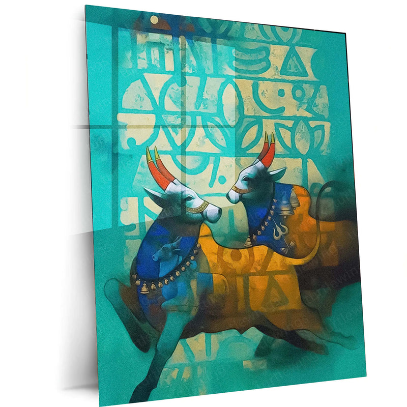 Sacred Bulls Folk Art – Indian Traditional Abstract Painting Metal Frame | Teal & Gold Ethnic Wall Decor | Vibrant Tribal Poster