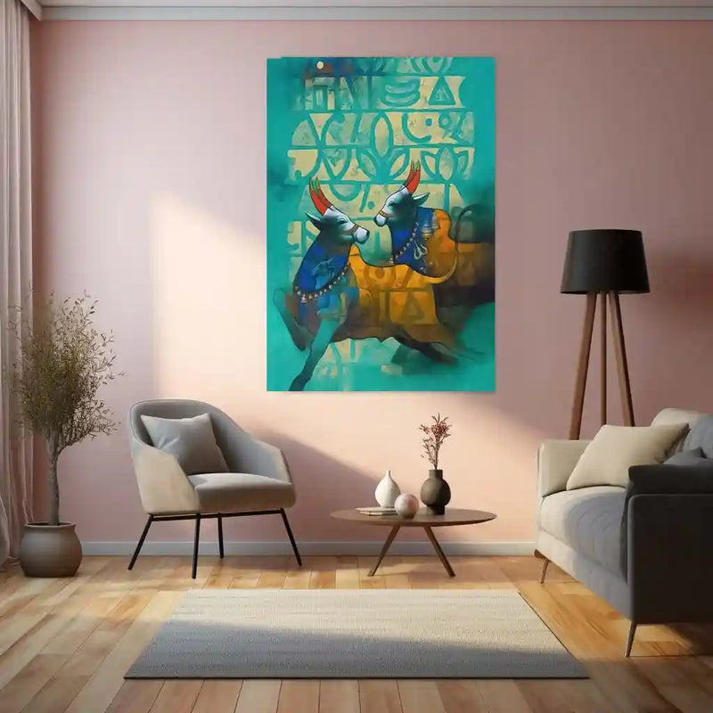 Sacred Bulls Folk Art – Indian Traditional Abstract Painting Metal Frame | Teal & Gold Ethnic Wall Decor | Vibrant Tribal Poster
