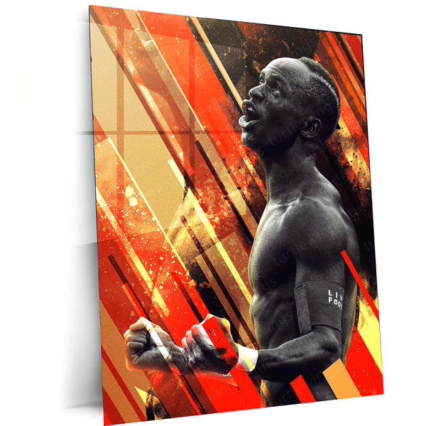 Sadio Mané Liverpool Metal Frame – Power Pose with Abstract Red Stripes | Premier League Wall Art - TURTLEWINGS