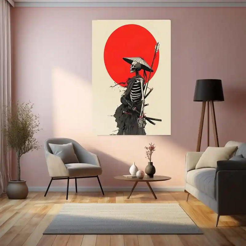 Samurai Skeleton Under Red Sun – Dark Warrior Metal Poster | Gothic Samurai Wall Frame