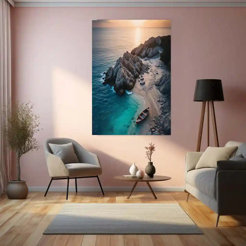 Serene Sunset Cove with Wooden Rowboat and Rocky Shoreline Metal Frame | Aerial Coastal Wall Art - TURTLEWINGS