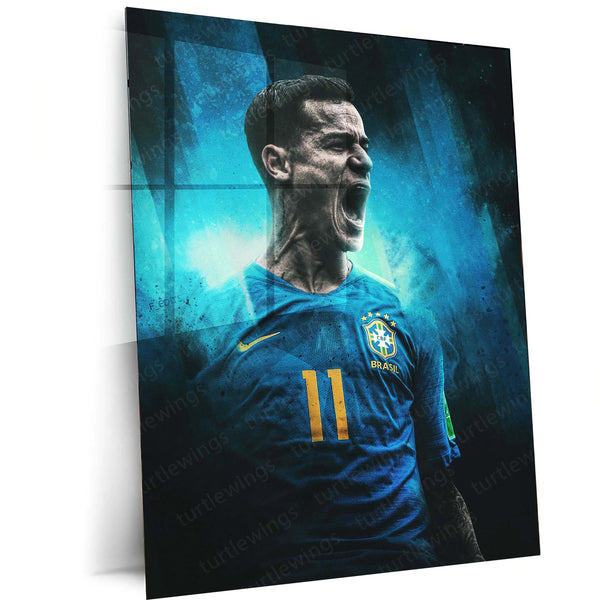 Philippe Coutinho Brazil Metal Frame – No. 11 with Stylized Blue Background | Seleção Wall Art - TURTLEWINGS