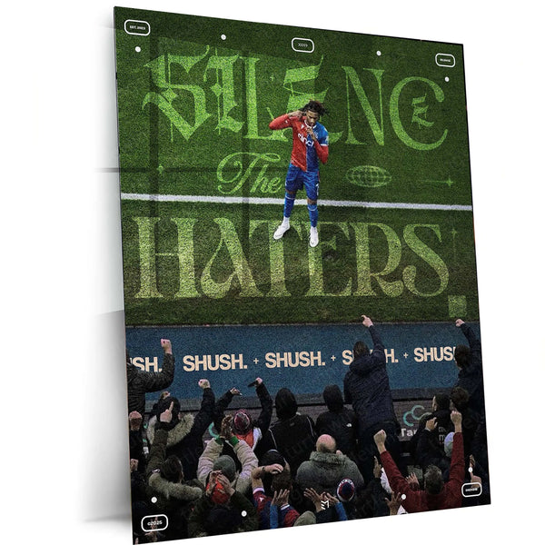 Silence the Haters – Footballer Celebrating Against Angry Crowd Metal Frame | Bold Motivational Sports Art - TURTLEWINGS