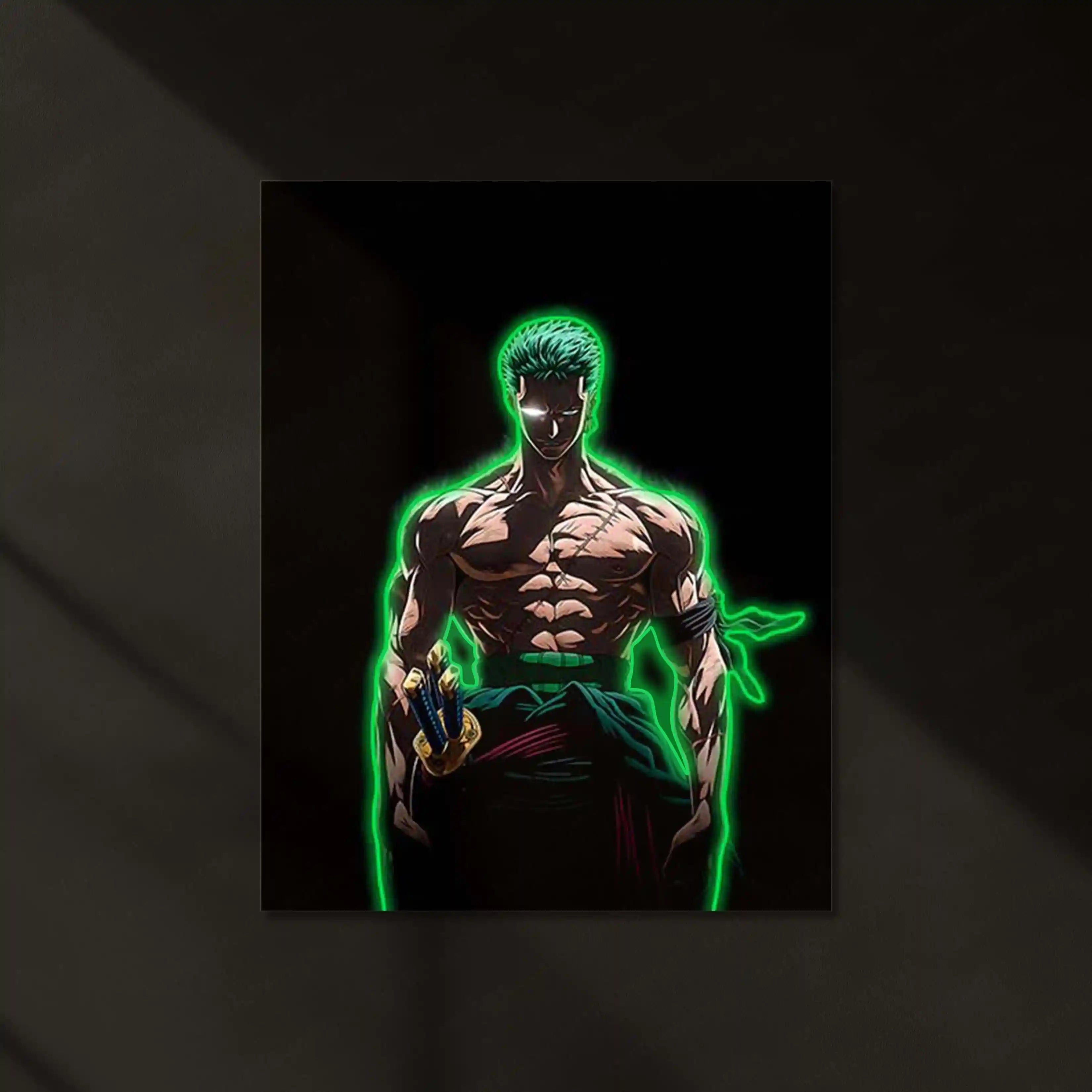 フォトアート Roronoa Zoro Neon LED Frame | One Piece Anime Wall Art | Green