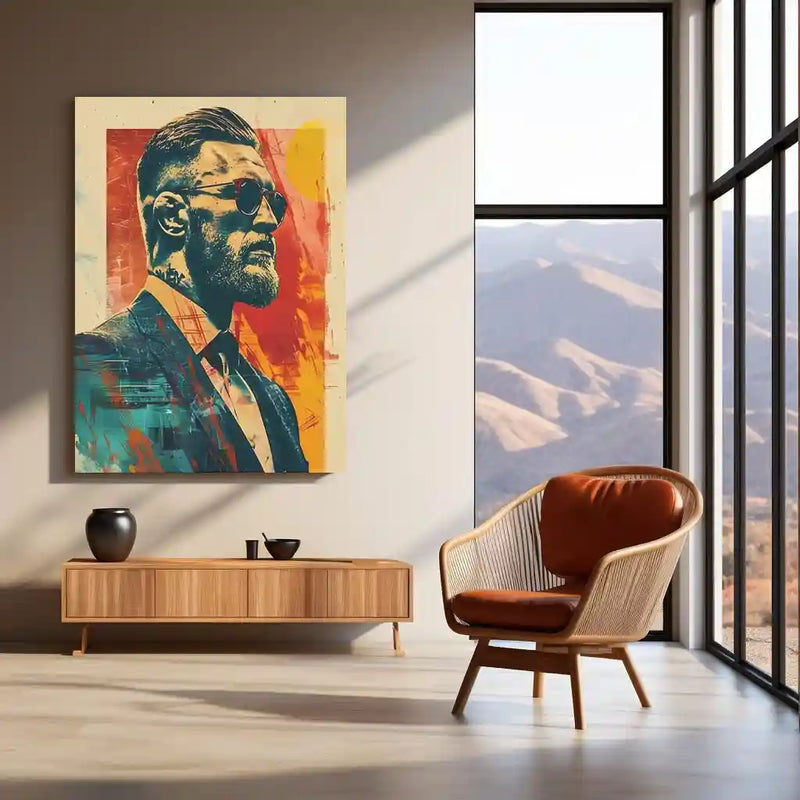 Stylized Bearded Man Portrait – Bold Urban Pop Art Metal Frame | Red & Teal Contemporary Wall Decor