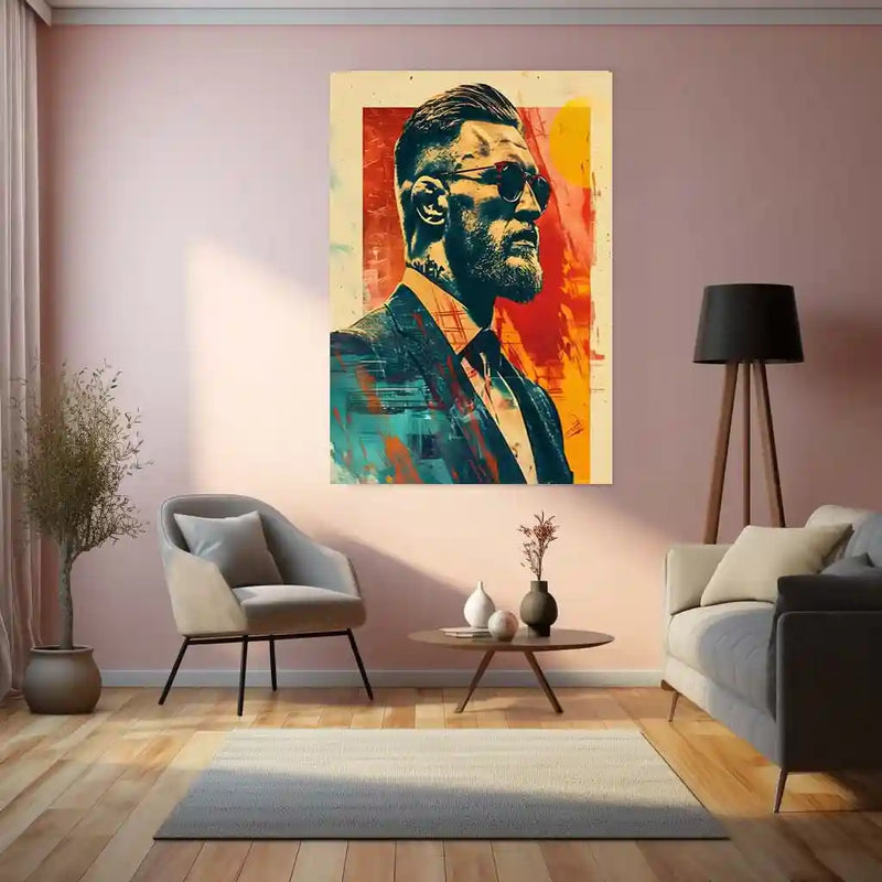 Stylized Bearded Man Portrait – Bold Urban Pop Art Metal Frame | Red & Teal Contemporary Wall Decor