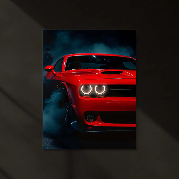 Red Dodge Challenger Burnout – LED Metal Frame | Muscle Car Wall Art | American Performance Poster