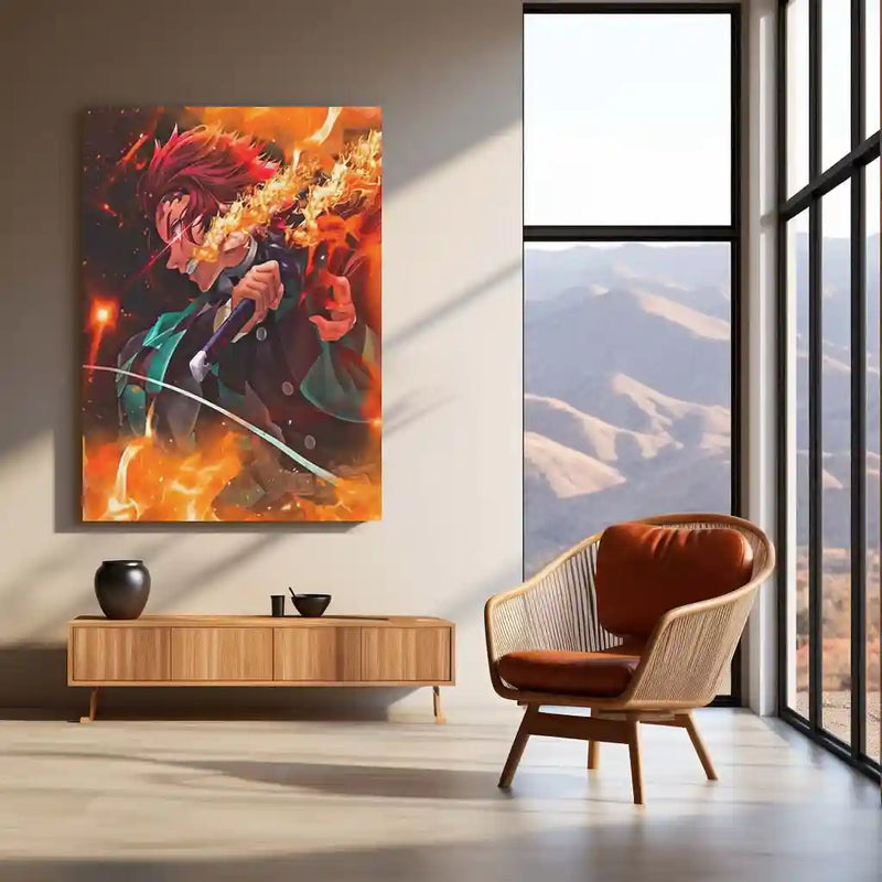 Anime Metal Poster | Tanjiro Kamado – Fire Breathing Rage Metal Poster | Demon Slayer Anime Wall Frame