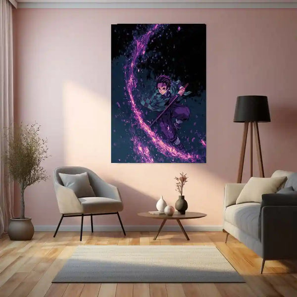 Tanjiro Sword Strike – Demon Slayer Metal Frame | Anime Poster with Petal Effect | Elegant Action Wall Art