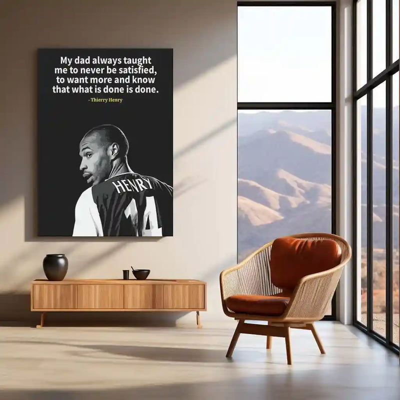 Quote Metal Poster | Thierry Henry – Never Be Satisfied Quote Metal Poster | Football Legend Wall Frame