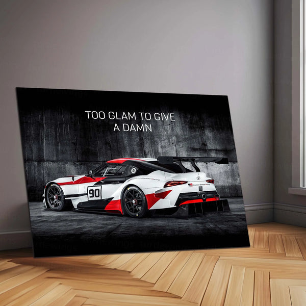 Too Glam to Give a Damn – Toyota GR Supra Racing Metal Frame | JDM Diva Energy Wall Art