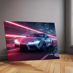 Toyota Supra Neon Nights – Futuristic Sports Car Neon LED Metal Poster | JDM Glow Wall Frame
