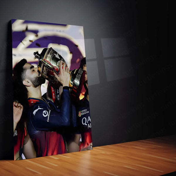 Cricket Metal Poster |🔥 Virat Kohli RCB Wins IPL Trophy 2025 – Historic Victory Metal Poster | Champion’s Wall Art 03 - TURTLEWINGS