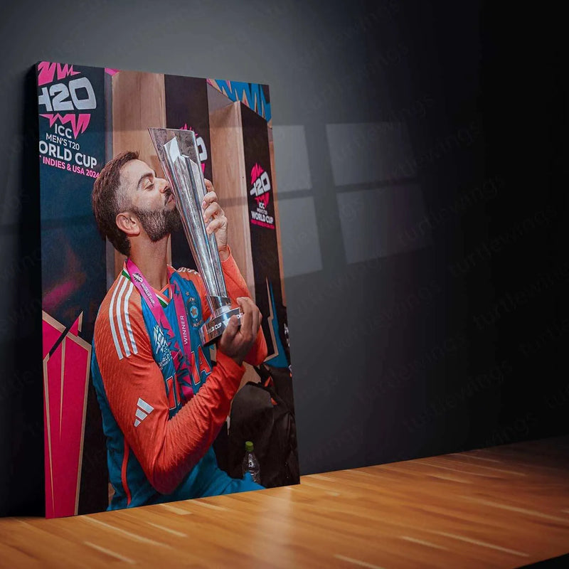 Virat Kohli with Trophy Metal Poster – Team India Champion Wall Art 2 - TURTLEWINGS