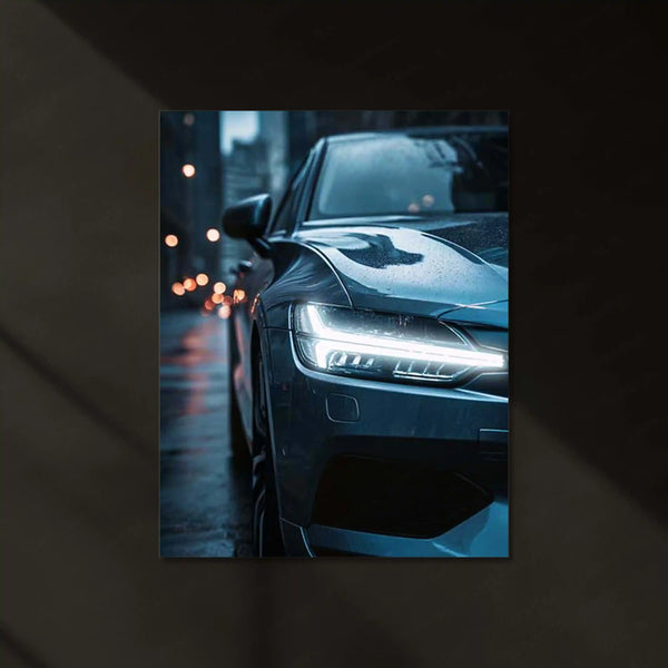 Volvo Sedan – Rain City Drive Neon LED Metal Poster | Scandinavian Elegance in Motion | Luxury Car Wall Art