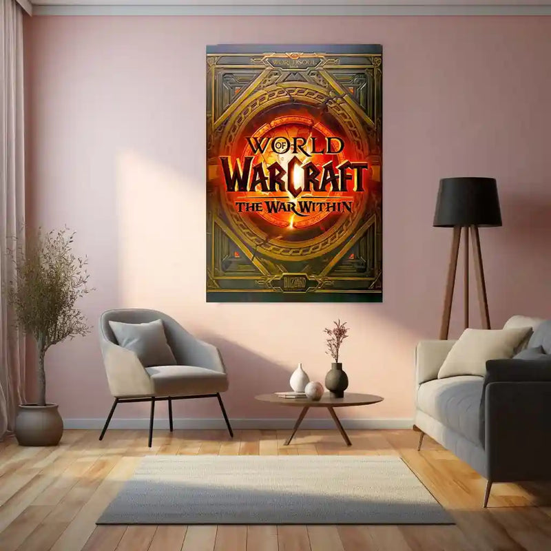 Game Metal Poster | World of Warcraft – The War Within Golden Emblem Metal Poster | Fantasy Gaming Wall Frame