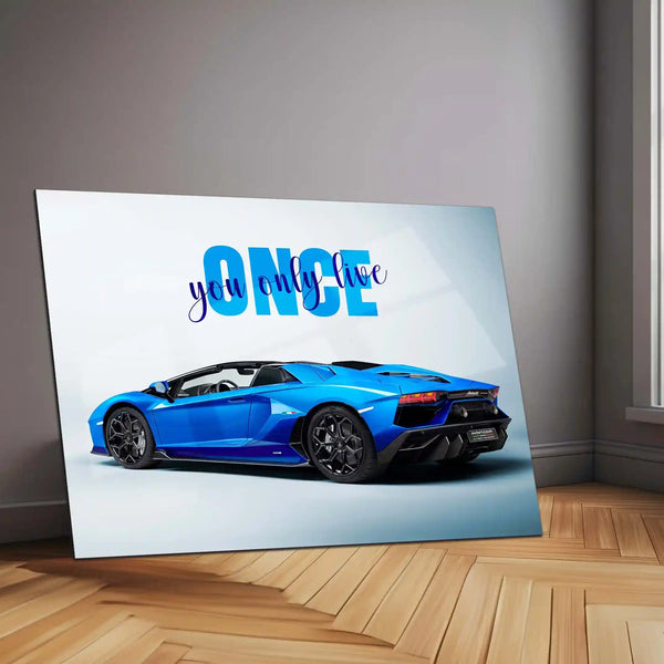 You Only Live Once – Blue Lamborghini Aventador Roadster Metal Poster | YOLO Luxury Supercar Wall Art
