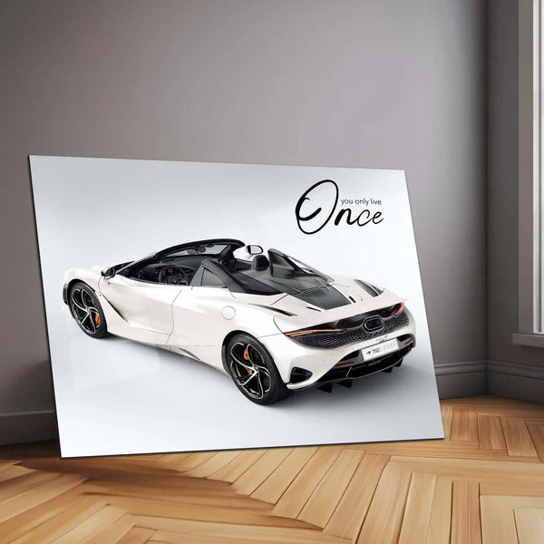 You Only Live Once – White McLaren 750S Spider Metal Frame | YOLO Supercar Wall Art