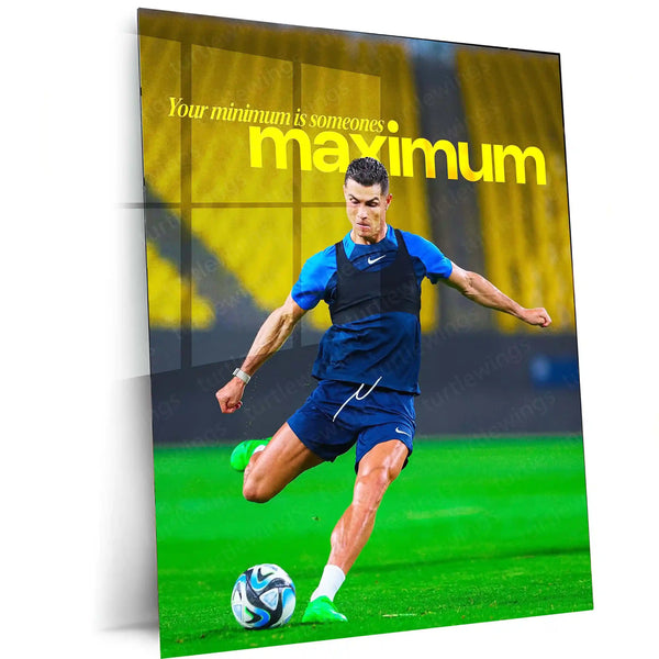 Your Minimum is Someone’s Maximum – Cristiano Ronaldo in Action | Elite Mindset Metal Frame | Football Motivation Wall Art