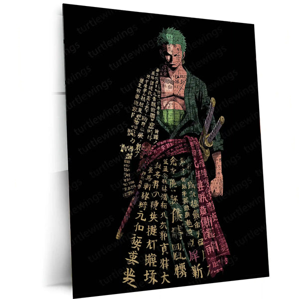 Anime Metal Poster | Tech Zoro – Futuristic Swordsman with Bold Chinese Calligraphy Metal Poster | One Piece Wall Frame