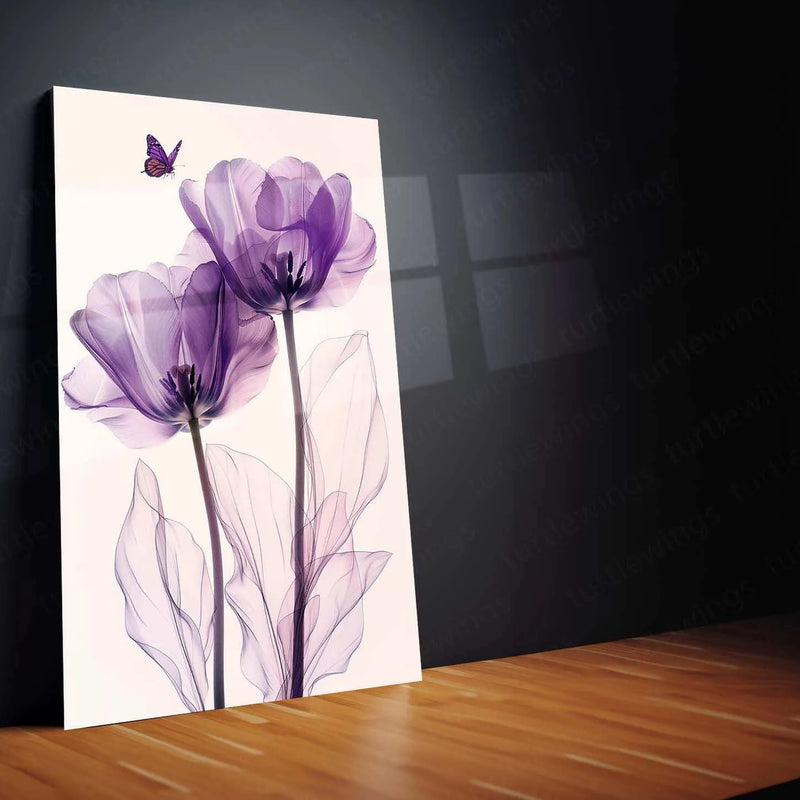 Three Purple Tulips Line Art on White Background – Elegant Metal Poster - TURTLEWINGS