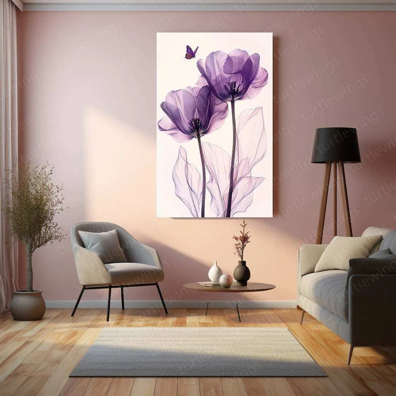 Three Purple Tulips Line Art on White Background – Elegant Metal Poster - TURTLEWINGS