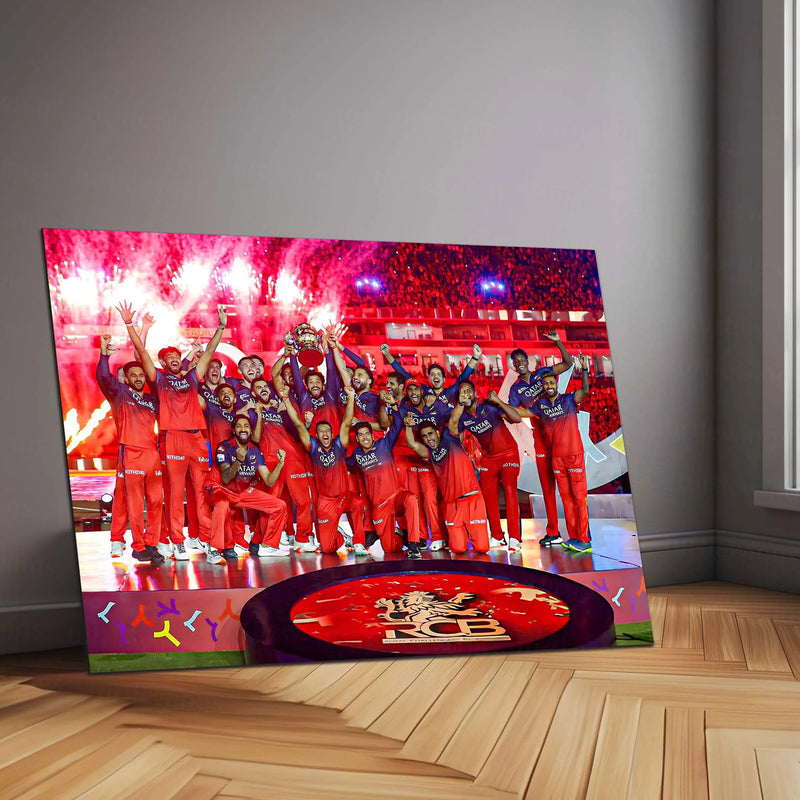 Cricket Metal Poster |🏆 RCB Wins IPL Trophy 2025 – Champion Celebration Metal Poster | Virat Kohli Led Victory Wall Art - TURTLEWINGS