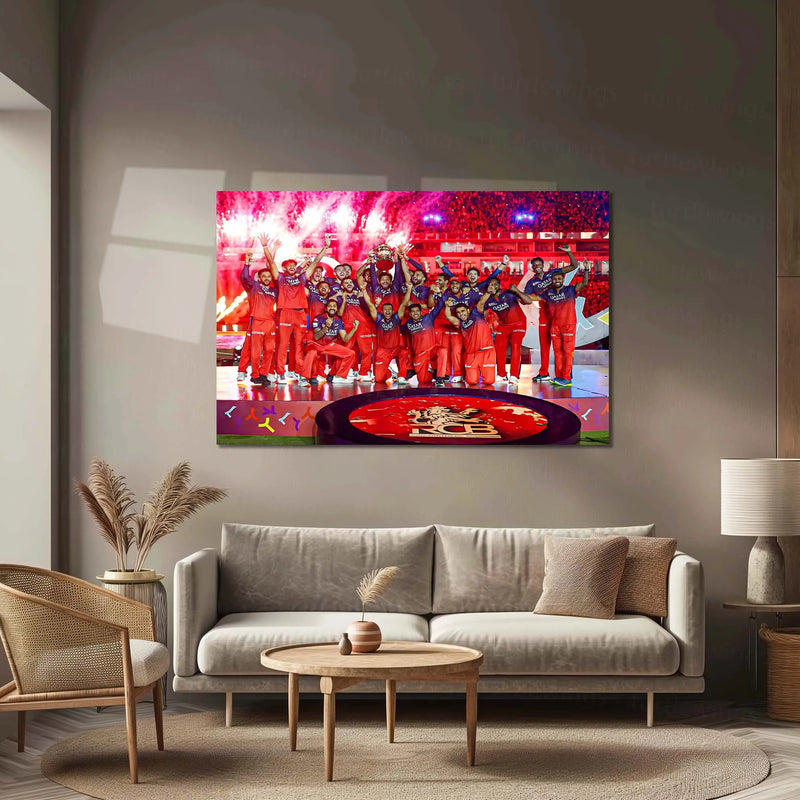 Cricket Metal Poster |🏆 RCB Wins IPL Trophy 2025 – Champion Celebration Metal Poster | Virat Kohli Led Victory Wall Art - TURTLEWINGS