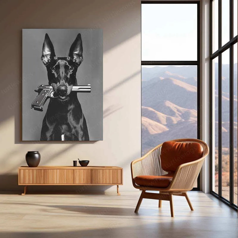 Dog with Gun Metal Poster – Bold and Unique Animal Art | Powerful Graphic Decor - TURTLEWINGS