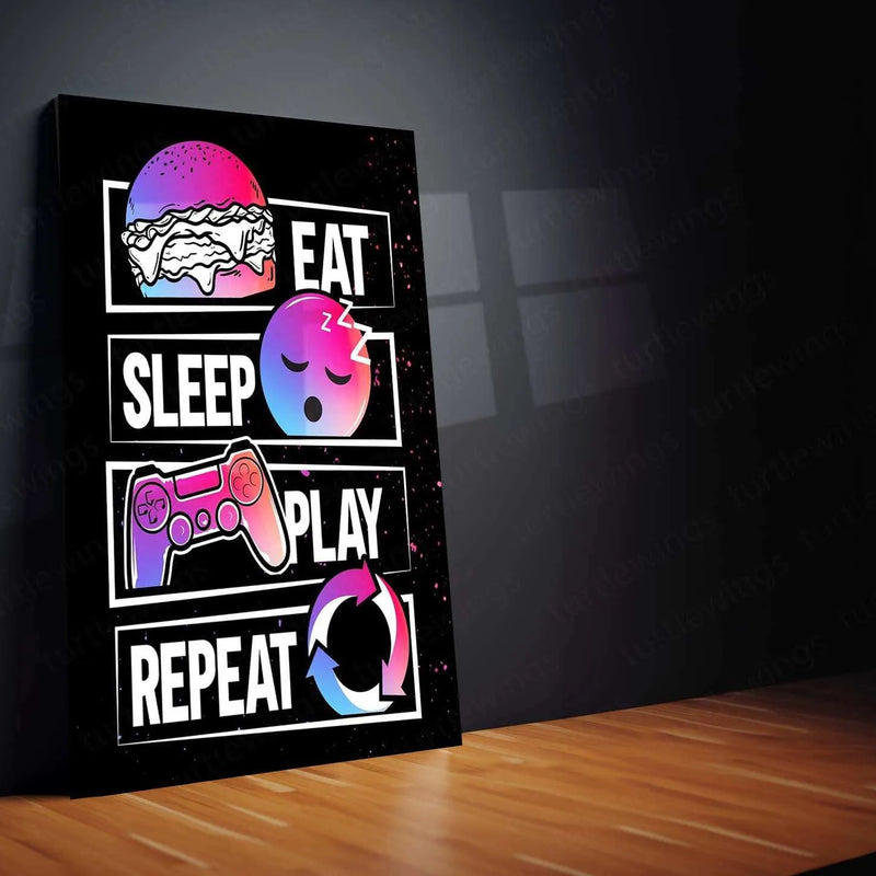 Eat Sleep Play Repeat Metal Poster | Gaming Room Wall Art | Gamer Lifestyle Decor - TURTLEWINGS