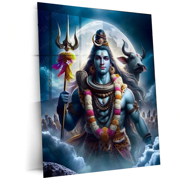 Lord Shiva with Nandi – Vibrant Abstract Spiritual Metal Frame | Sacred Hindu Wall Art | Divine Decor for Home & Temple 01