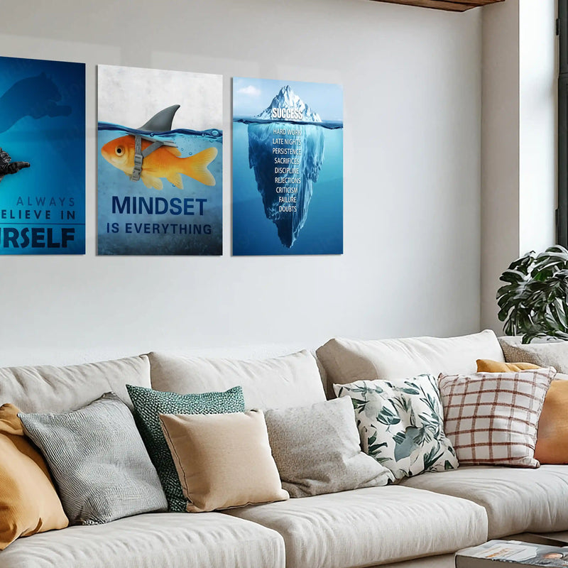 Motivational Metal Poster Set of 3 – Yourself | Mindset | Success | Inspirational Wall Art Décor