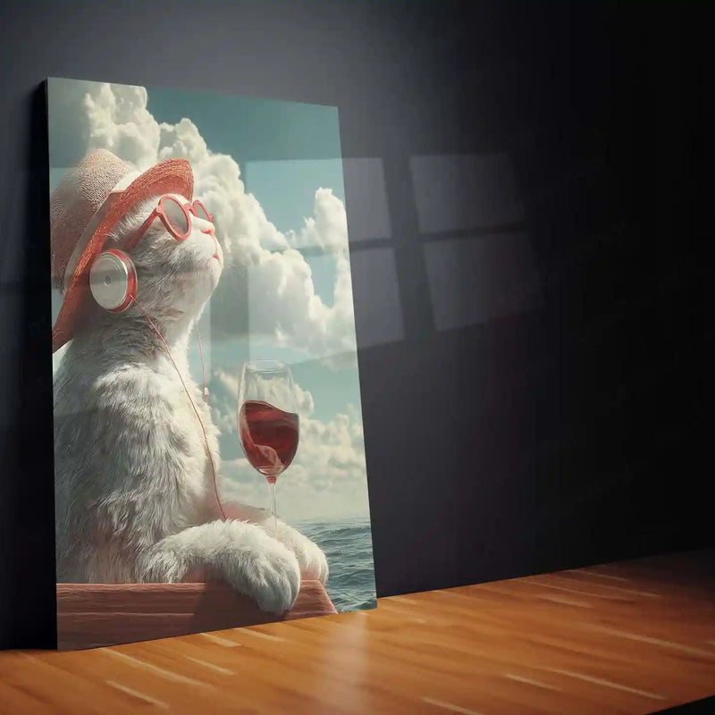 Cat with Red Wine Metal Frame | Quirky Animal Art for Wine Lovers - TURTLEWINGS